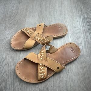Ugg tan leather braided slide sandals
